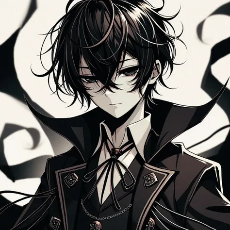  Generate a full body image of a character with black hair ,  black eyes , and dark aura .  The character must be dressed in a black coat with intricate details and a design similar to the one in the image provided.  The character must stand ,  with a pose...