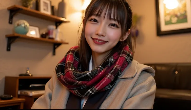  super real ,  they love each other ,  she looks so happy , shadow, Global Illumination, Alone, (Famous Japanese teenage idol girl), So beautiful繊細な日本の女の子, So beautiful、Very pretty face, ( very big breasts),  surimi waist , ( Wears a cute gray Japanese hig...