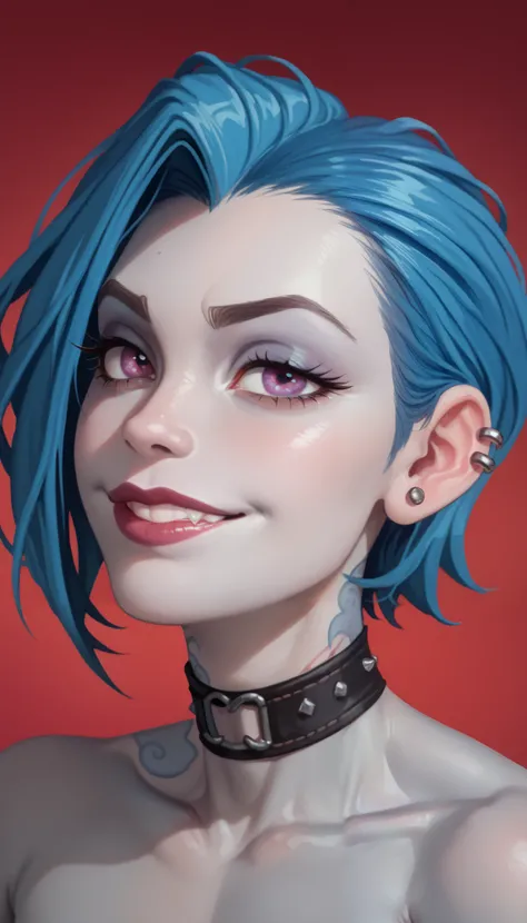 one girl, jinx of league of legends, blue hair, (short hair:1.4), purple eyes, beautiful eyes, (grey skin, pale skin:1.3), gradient blured background, (face close up:1.2), pierced ears, (horny face:1.3)