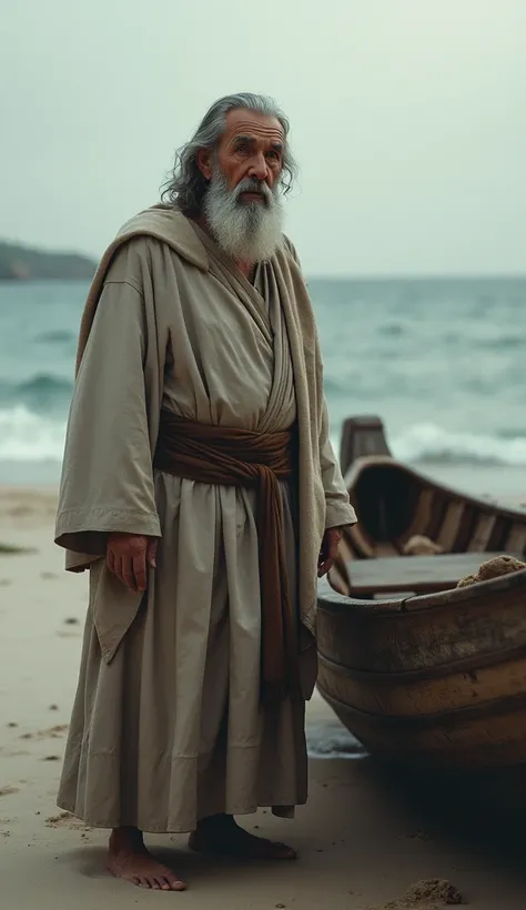 An older man,  with a serene look and a gray beard ,  that represents the image of the Apostle Andrew, next to a boat on a beach 