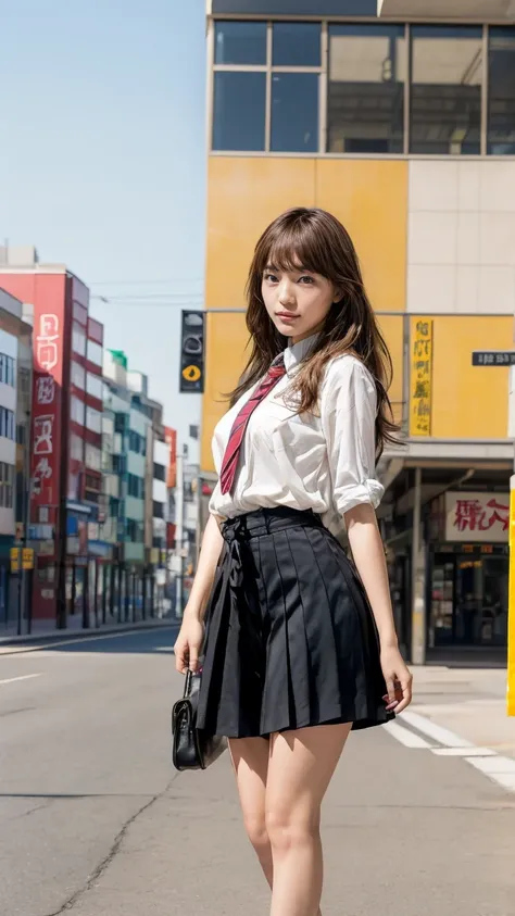 a beautiful 18 year old Japanese high school girl with perfect anatomy, healthy thighs, beautiful legs, beautiful skin, random hair color and style, large breasts, (wearing a Japanese schoolgirl uniform:1.3), (she is standing:1.2), penny loafers, holding a...