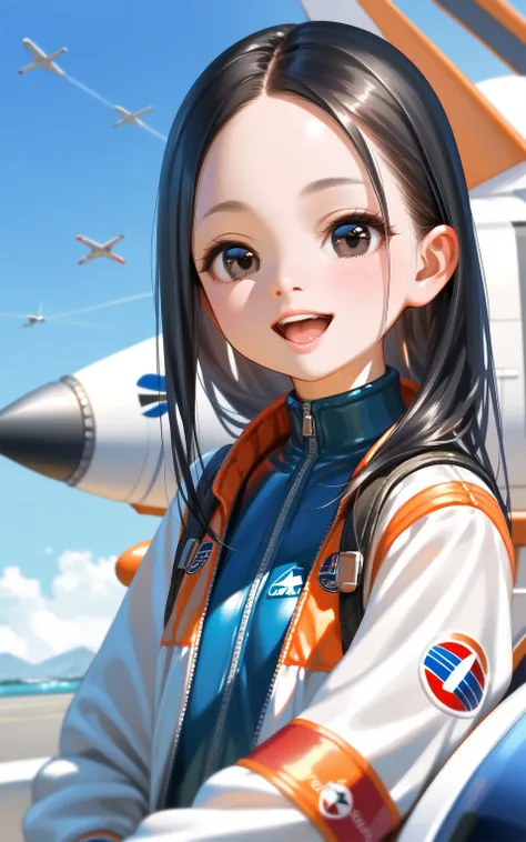 masterpiece,best quality,ultra-detailed,super detailed skin,perfect anatomy,detailed,beautiful detailed eyes,long hair,forehead,straight hair,black hair,black eyes,(loli),petite,flat chests,naughty face
(airplane), pilot,(open mouth), simple background, il...