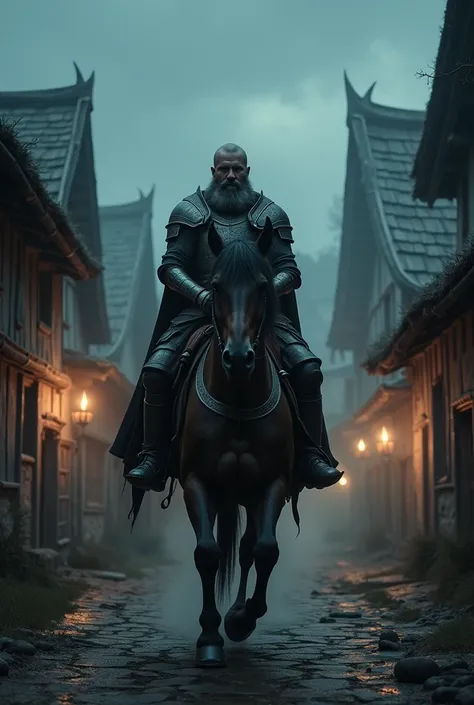 Do a medieval knight on horseback through a medieval village at 3 in the morning as if it were a 1980 dark fantasy movie
