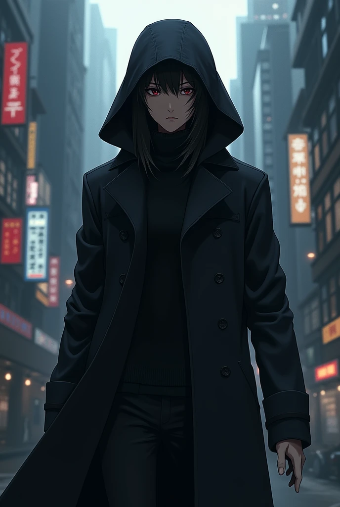 Anime character with a black coat
