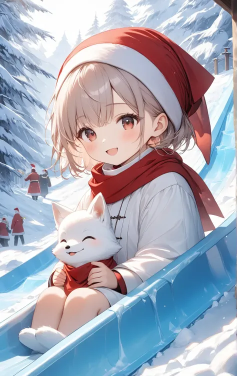   masterpiece :1.2， top quality，      high definition    ，8ｋ， large ice slide，Steep down and slide down  ，   white baby fox  ，    I wrapped a small red bandana around my neck  、cute,  Priest ,     Details，  PROFESSIONAL PHOTO SHOOTING ，  happy expression， ...