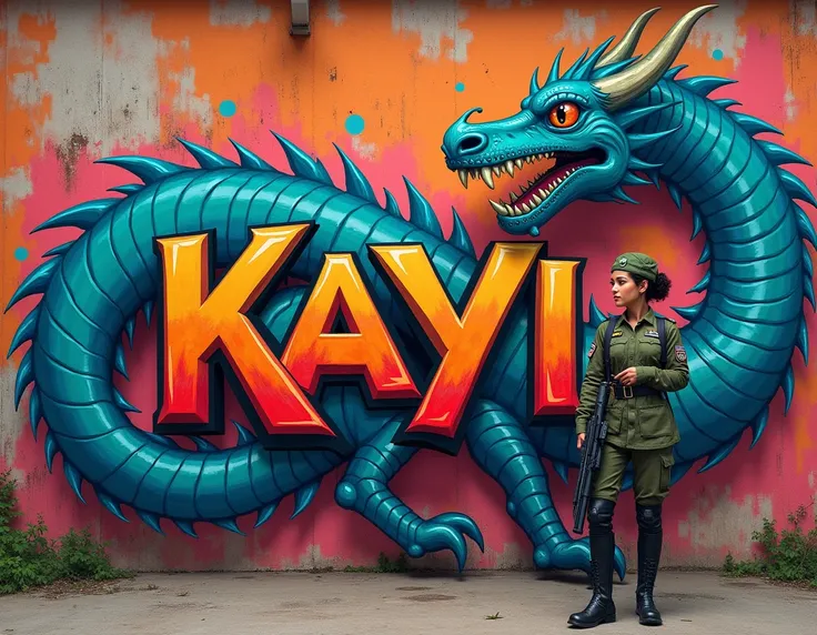 The name Kayi drawn on a wall with graffiti of a dragon and a woman in army uniform holding a gun in front of the wall