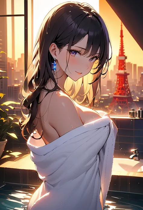 masterpiece,best quality,ultra detailed,high resolution,16k ,  1 girl in uniform,  black long hair by lla, earrings,  bathroom、Skyscrapers in the background、 Tokyo tower 、 night view、bewitching、coquettish、Tempting sensuality、 wet 、( backlit:1.4)、 take a ba...