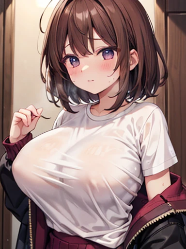 woman、knit shirt、brown hair、medium hair、、sweat、G Cup,large breast,voluptuous