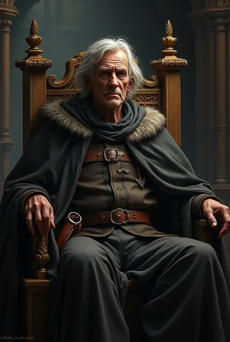 a medieval king, mature age, very sick, grey hair, sitting on his throne, detailed portrait, realistic face, realistic human anatomy, detailed wrinkles, detailed skin texture, detailed clothing, detailed throne, ornate throne, medieval castle interior, dra...