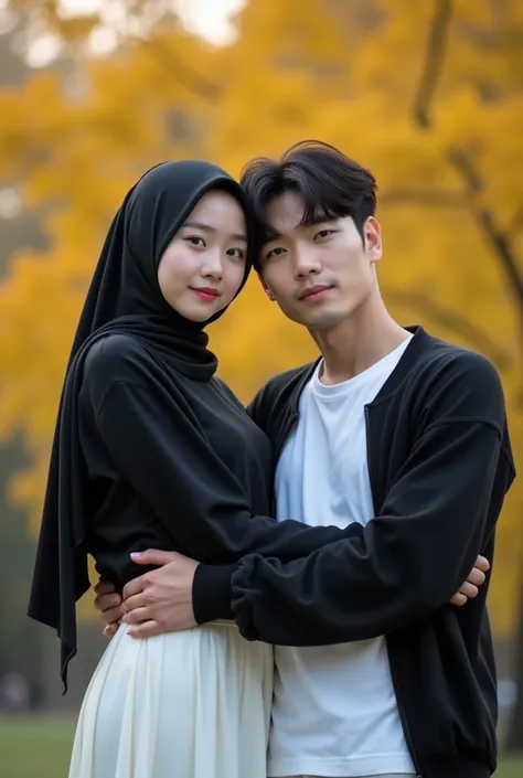 Photo of a beautiful korean woman in hijab with delicate features. Fat cheeks, She wears a black blouse and a long white skirt. She has a long hijab. The woman was facing the camera. Photo of a couple hugging at dusk. Korean man and woman open their eyes a...