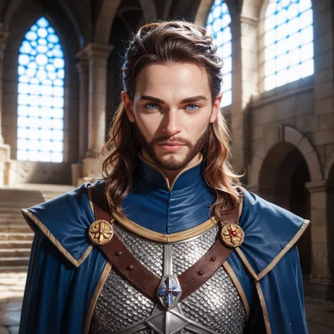 Portrait of a (male) human cleric, front view, (medium shot:1.3), one person standing, tall and athletic build, long dark blond hair and beard
BREAK
dark blue eyes
BREAK
light tan skin
BREAK
wearing fantasy world costume of (white:1.5) and (blue:1.25) vest...