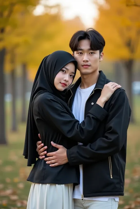 Photo of a beautiful korean woman in hijab with delicate features. Fat cheeks, She wears a black blouse and a long white skirt. She has a long hijab. The woman was facing the camera. Photo of a couple hugging at dusk. Korean man and woman open their eyes a...