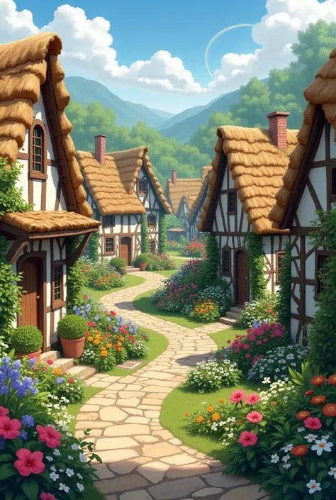 Perspective city with cottage core aesthetic and many cottages and flower gardens with many species of flower