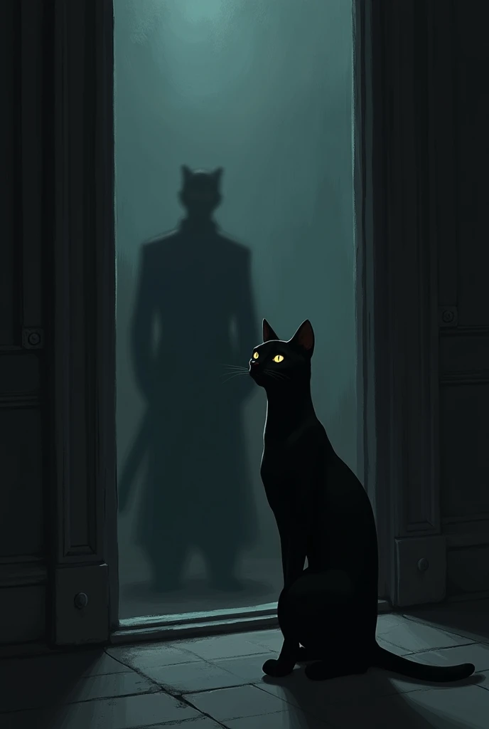 A dark room , A black cat
It is standing on its
Front hind legs
In the mirrors see the
Shadow of a Prince.