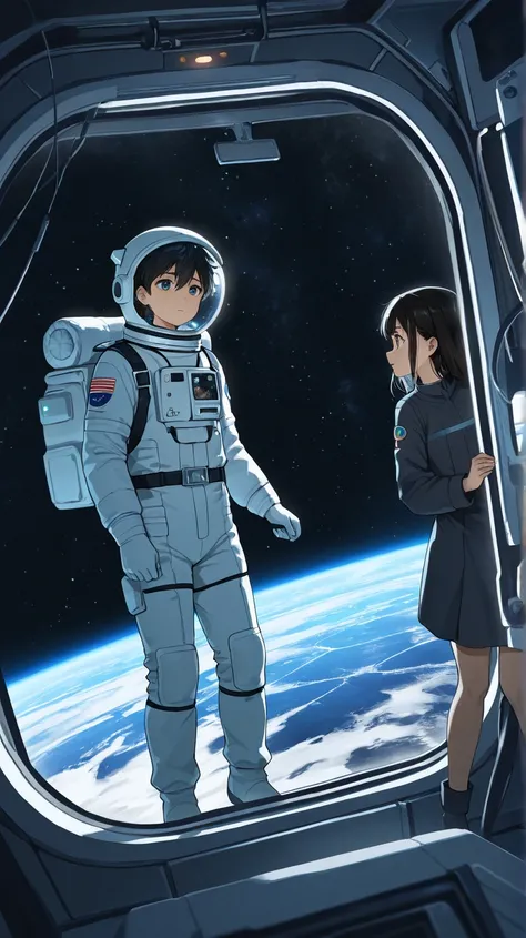 Create an anime scene set in space, with a young astronaut with short, dark hair looking out the window of a spaceship as he travels through a distant galaxy. The ship passes planets with rings and stars shining in the background. The astronaut wears a mod...