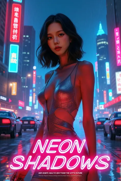 A mysterious and alluring wealthy East Asian woman, depicted in a vibrant 1980s movie poster style, set in a futuristic noir version of 2050 Los Angeles. She is captured in a full-frontal pose from the waist up, her gaze direct and confident, exuding elega...