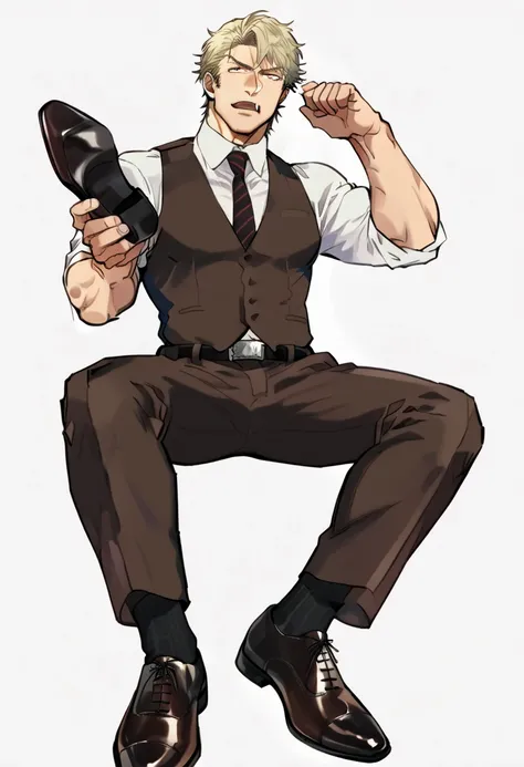 male focus, muscled male, solo, ikemen, mature, male only, swedish, blond, tough man, bold, eyes fix, flat chest, sturdy waist, 50 years old, office worker, collared shirt, tie, three piece suit, belt, slacks, tight clothes, whole body, sitting, invisible ...