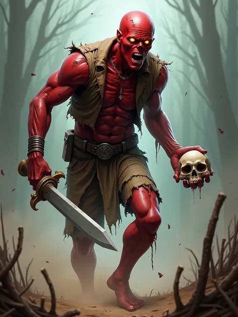 A male zombie has a red body, bright orange eyes, wears torn clothes, is in strong condition, is tall, holds a long sword in his left hand, his right arm is missing, and wears a skull on his head. running towards prey