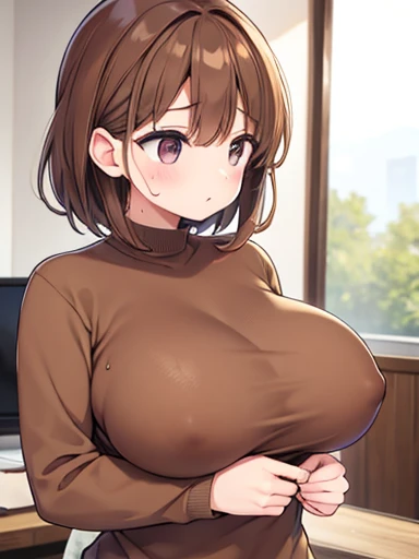 woman、brown knit shirt、brown hair、medium hair、、sweat、F Cup,large breast,voluptuous