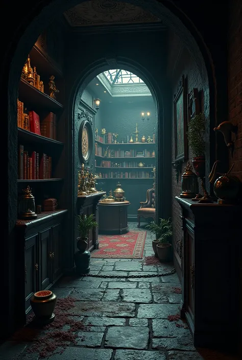 Dark passage inside a house and at the end of the passage a room full of objects such as small Hippogriff figures, Scarlet and books about fantastic animals ,  image inspired by the Harry Potter universe and fantastic beasts and where to find them 