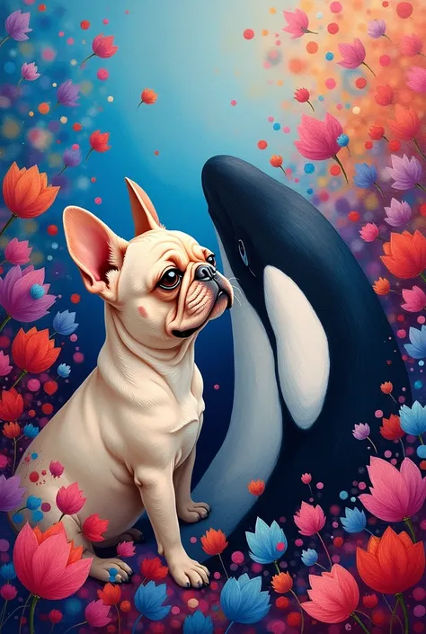 Create an abstract petal painting with the image of a French bulldog dog and an orca