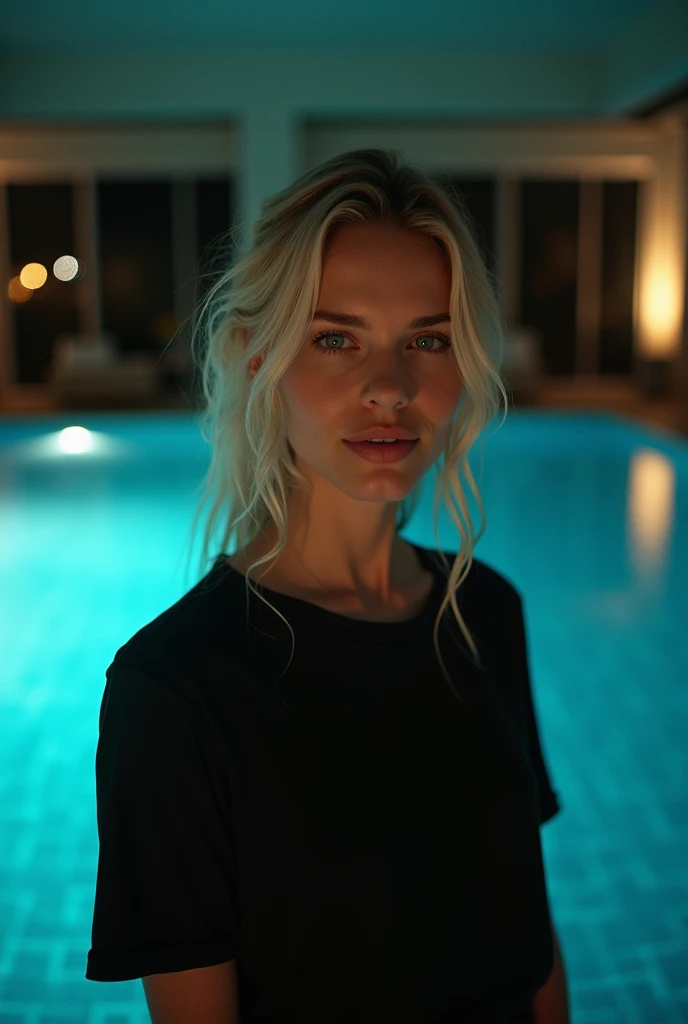 Night pool ,   windows glass ,Real photo  , many details,     white blonde woman   ,  36 years old , black t-shirt ,    wet hair , low light , many details,    discreet smile ,  analog photo ,  Nikon 85mm 