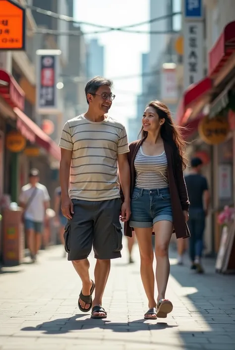 a 50 year old man Korean face,very short hair,wearing glasses,wearing a cream black stripes t shirt,a dark gray short cargo and sandals
a 40 year old woman Korean face,long and wavy hair,stocky body,very white skin,wearing a cream black stripes singlet and...