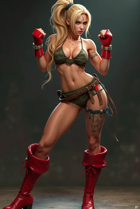 Hyper realistic super detailed sexy Cammy, Very detailed, (hyper realistic: 1.4), ((Hot body, in dynamic fight pose,)), ((camel toes)), Topless ,NSFW,blue eyes, scar on cheek, , sleeveless, red gloves, fingerless gloves, Red boots, (paint camouflage on leg...