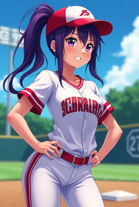 Japanese animation style、High school girl、Baseball uniform 、 Baseball Cap 、Strike Zone、Dark Purple Long Hair、single ponytail、 purple pupils、 full breasts 、From Taiwan