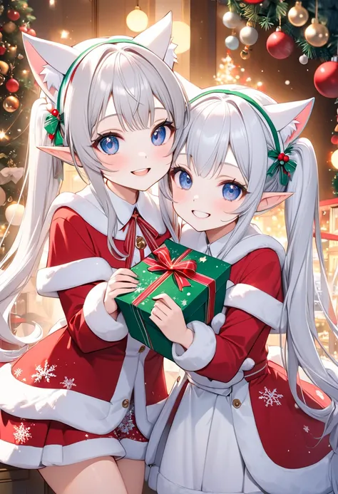 (beautiful and delicate), (ultra cute Merry Christmas illustration), break, (hands holding a Merry Christmas presents box), (in a cute Christmas Santa  Elf Girl clothes), ((beautiful white skin)), (elf ear:1.2), (two elf girls are twins) age 67, ((beautifu...