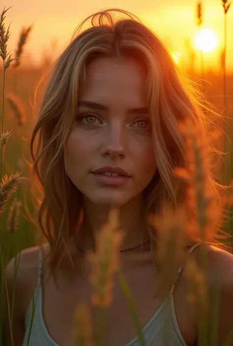 ((masterpiece, highest quality, Highest image quality, High resolution, Extremely detailed photography, 8k wallpaper)), beautiful high grasslands, orange sunset, orange hue, breeze, wind blows, beautiful lady head exposed from grasses, focus lady head, rom...