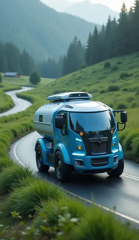 Blue-white scanning truck, driving on the road. in the background there is a field and forest.