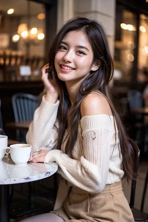 A beautiful young woman with long reddish-brown hair smiles warmly while sitting in a cozy modern cafe. She is dressed in a delicate white lace top, exuding a relaxed yet stylish vibe. The cafe background features soft lighting, a coffee machine, and cups ...