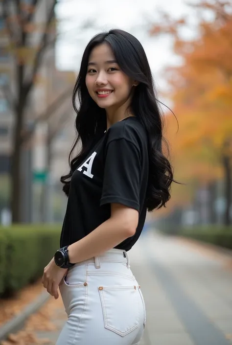 full body photography ,  A Korean woman is very beautiful, ((fat face girl )),  long straight bushy hair in black ,  wearing a black t-shirt inscribed with letters "A", black watch,  white jeans , boots.  Background of Hybe Korea building .  Autumn leaves ...