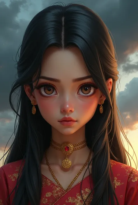  Young girl as tall as ,  fair skinned with long shiny dark hair,  wearing luxurious kebaya and gold accessories ,  with a haughty look and a proud look . Jasmine is angry with her mother . background of thunderclouds blaring 