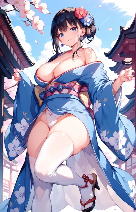 kimono　  BLACK HAIR PATTON おかっぱHAIR　 Big Breasts 　 big thighs　 white stockings   　 high heels　　outside　In the city　    　 THE FRONT  kimono