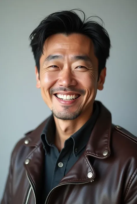 4K, high resolution, photo realistic, man wearing leather jacket。Forty years old。 looking at me。 Japanese。 smiling。 Waist Shot 。Light Gray Background。