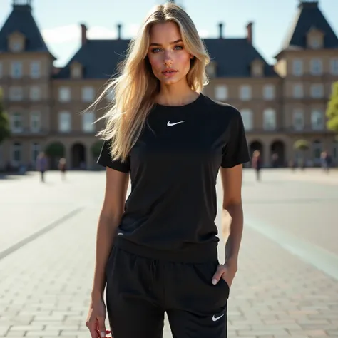 She has long blonde hair, blue eyes, a fit body, she wears a black Nike shirt, black sweatpants and black sneakers, in the background a square, super realistic photography, masterpiece 