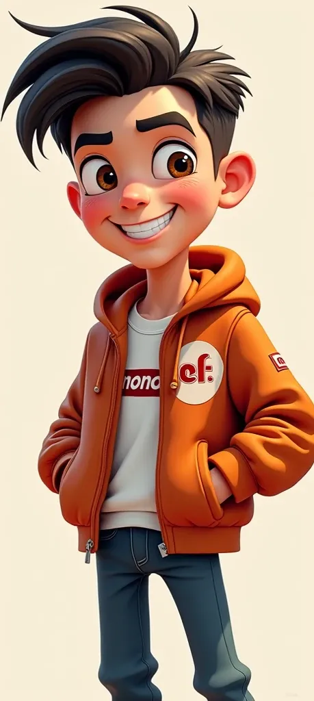 one teenager boy 3 animation style, attractive clothes, got MONOPOLY on his shirt,jacket