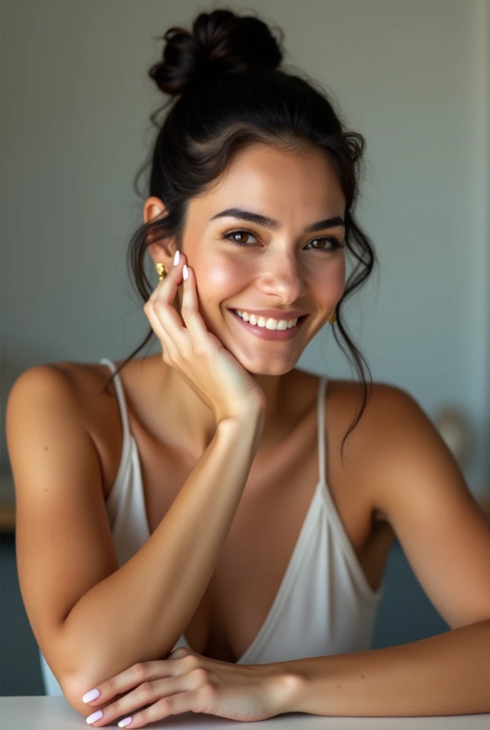 Generate a very realistic and natural photo of a 35-year-old Brazilian woman with her hair tied with bun ,  golden earrings, light makeup,  smiling she is wearing a beige blazer beige shirt brown pants sitting at a table with her arms resting on the table ...