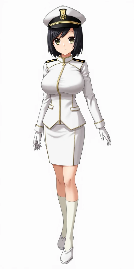 YurikaMisumaru,  huge _breasts, standing, Alone, military_uniform_white_high neck_jacket_negro_pencil_skirt_negro_socks_white_Capelet, Captain Hat,  Masterpiece,  better quality,  detailed face , detailed eyes, highres,