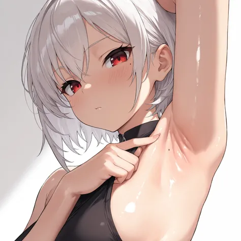 (Best Masterpiece, HDR, 2k, High Quality) 1girl, Bad Girl, Tato, Mole, Short Hair, White Hair, Red Eyes, Cute Girl, Horny Girl ((Arm Up, Armpits, Showing Armpits, Detailed Armpits, Shiny Armpits, More Detailed Armpits, Armpits Crease, Perfect Armpits, Zoom...