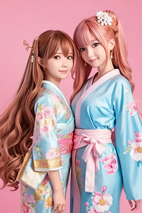 Please draw an anime-style illustration of an  and  sister looking at us with a slight smile。
  has long and curly hair tips 。 s hair is smooth and straight 。 Please make your hair as tight as when wearing a kimono 。 Please make it flashy by wearing a larg...