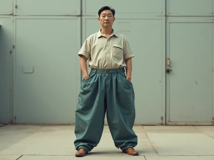 Picture a Korean man wearing the right pants, but his pants pocket is bigger than his pants, making it difficult