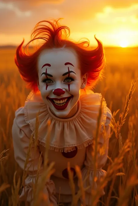 ((masterpiece, highest quality, Highest image quality, High resolution, Extremely detailed photography, 8k wallpaper)), beautiful high grasslands, orange sunset, orange hue, breeze, wind blows, half a beautiful lady clown head exposed from grasses, focus l...