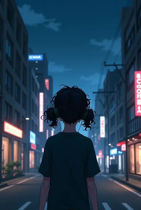 BOY ADULT WITH LONG CURLY HAIR WITH BLACK PIGTAILS WEARING BLACK HEADPHONES WALKING ON THE STREET AT NIGHT ANIME TYPE