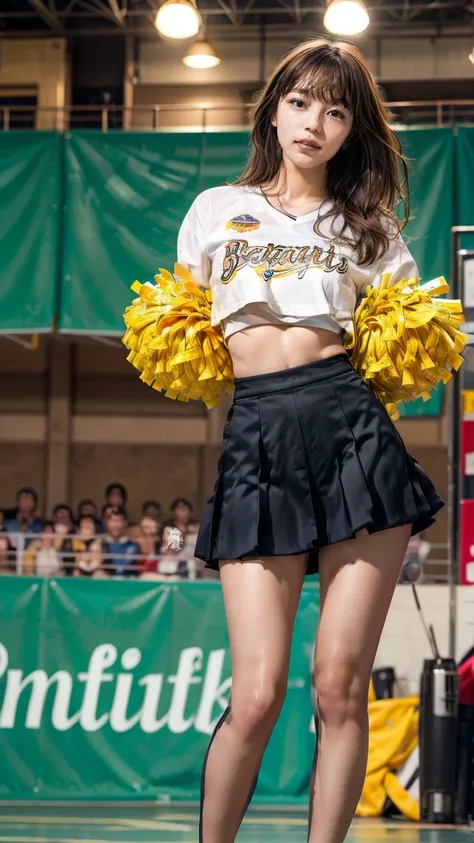 A beautiful young Japanese woman, 20 years old, with perfect anatomy, healthy thighs, beautiful feet, flawless skin, random hair color and style, large bust, (she is standing:1.2), wearing a cheerleader uniform with micro-pleated miniskirt, in a full body ...