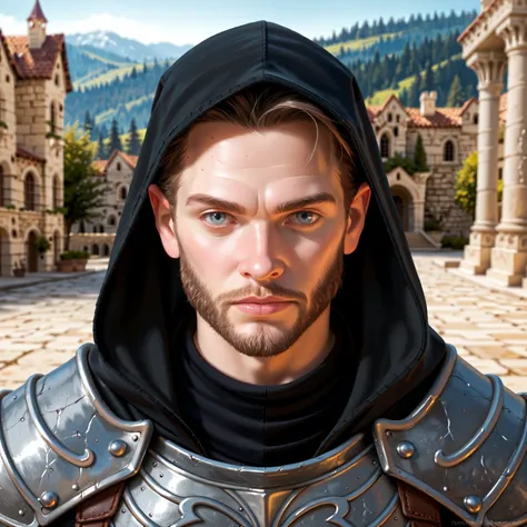 Portrait of a (male) human ranger, front view, (medium shot:1.3), one person standing, tall and slender build, long black hair and beard
BREAK
grey eyes
BREAK
pale skin
BREAK
wearing fantasy world costume of hooded grey clothing and (leather armor:1.5), re...