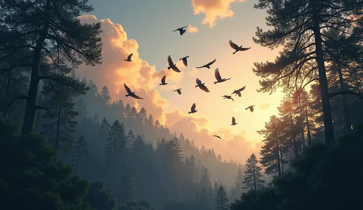 dusk， forest， A flock of flying birds， cloud， realistic style 