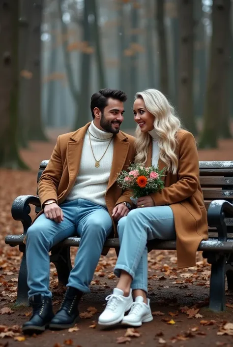 A couple lying on a bench in a forest with snowflakes falling from the sky on a cloudy day and with a bouquet of flowers in their hands.  Texture in the image with high quality .  full body.( Perfect 18-year-old Arab tough and handsome, with grey eyes,  sh...